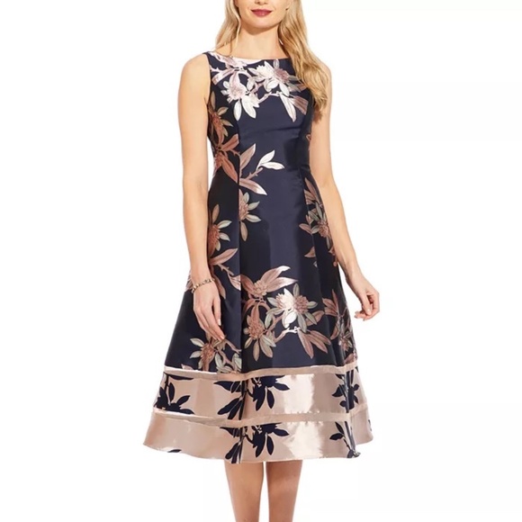 Adrianna Papell Dresses & Skirts - Adrianna Papell Floral Print Jacquard Fit and Flare Dress - Navy/Blush - size 8